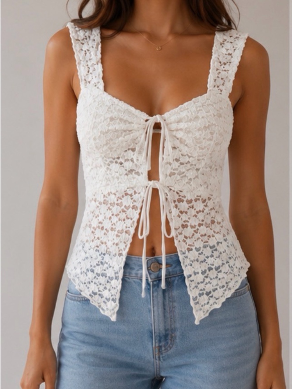 White Crochet Tie-Front Tank Top